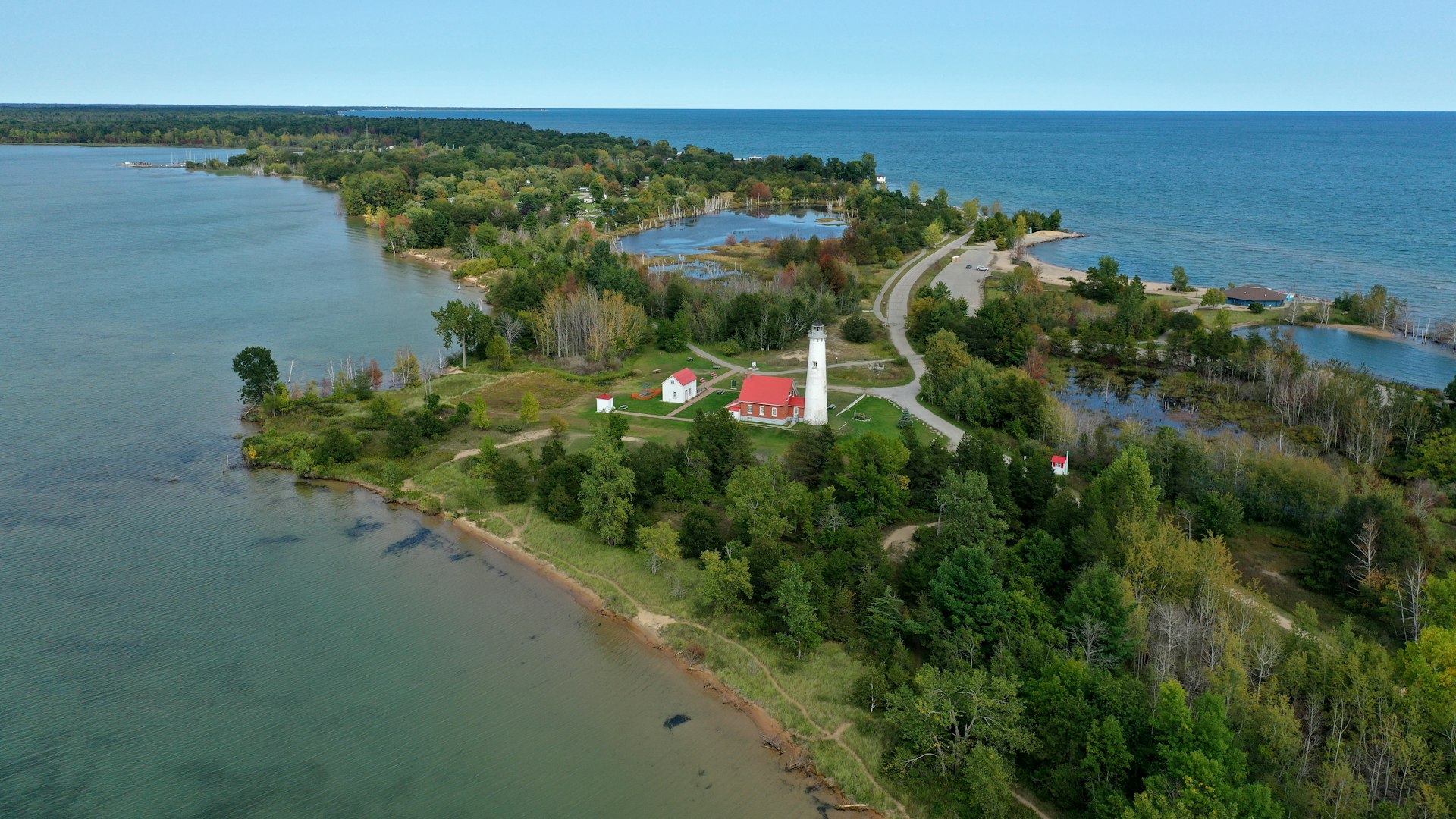 Aerial view of the Tawas Point Lighthouse in Michigan