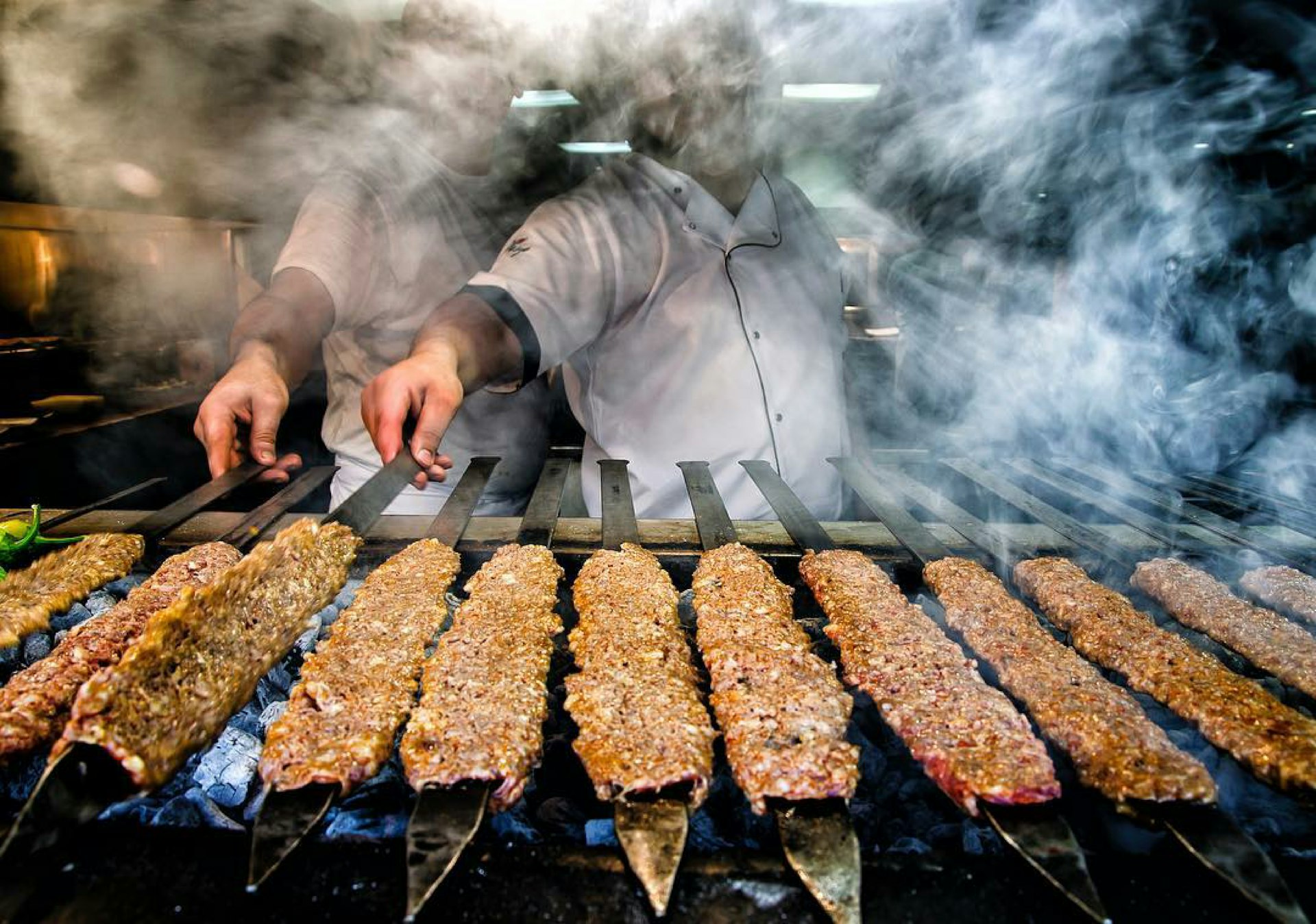 Skewers of meat on a grill in Istanbul, Turkey