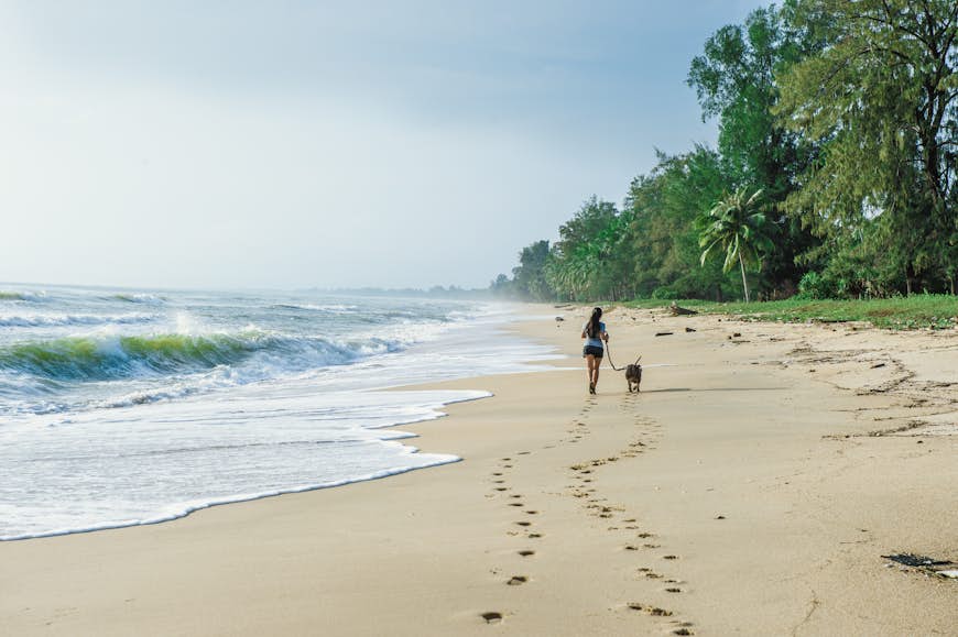 Young woman running on an empty beach with her dog