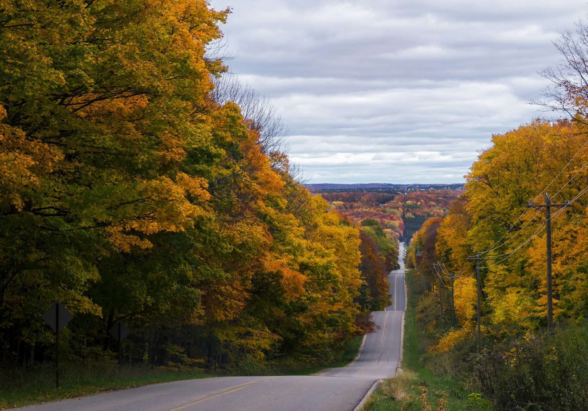 Tree-lined road in fall colors of gold, red and orange along the Tunnel of Trees in Michigan