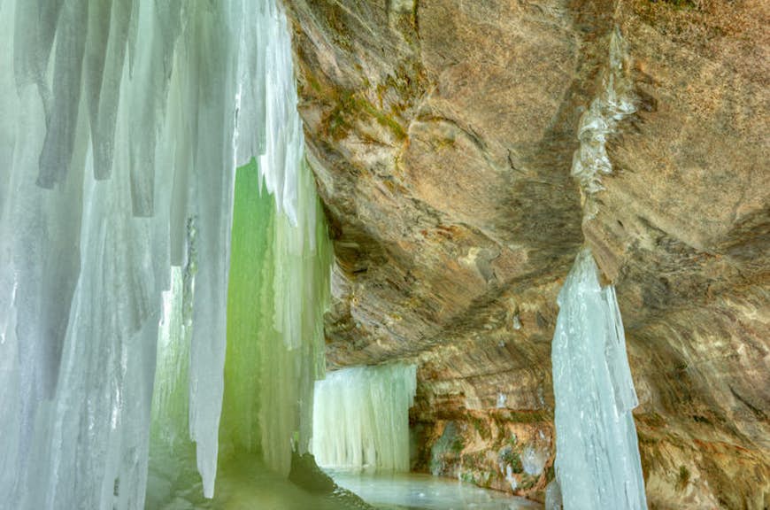 Ice stalactites at Eben Ice Cave in Michigan