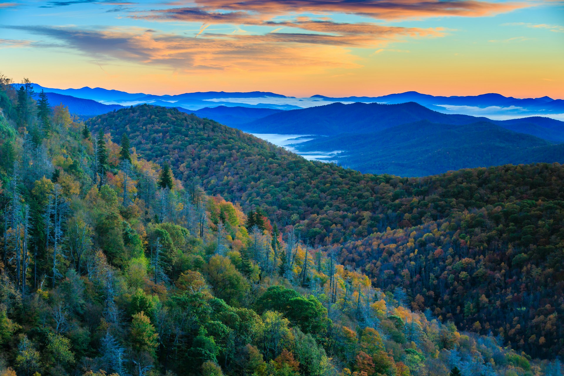 Autumn sunrise over the East Fork of the Pigeon River in the Blue Ridge mountains of Western North Carolina