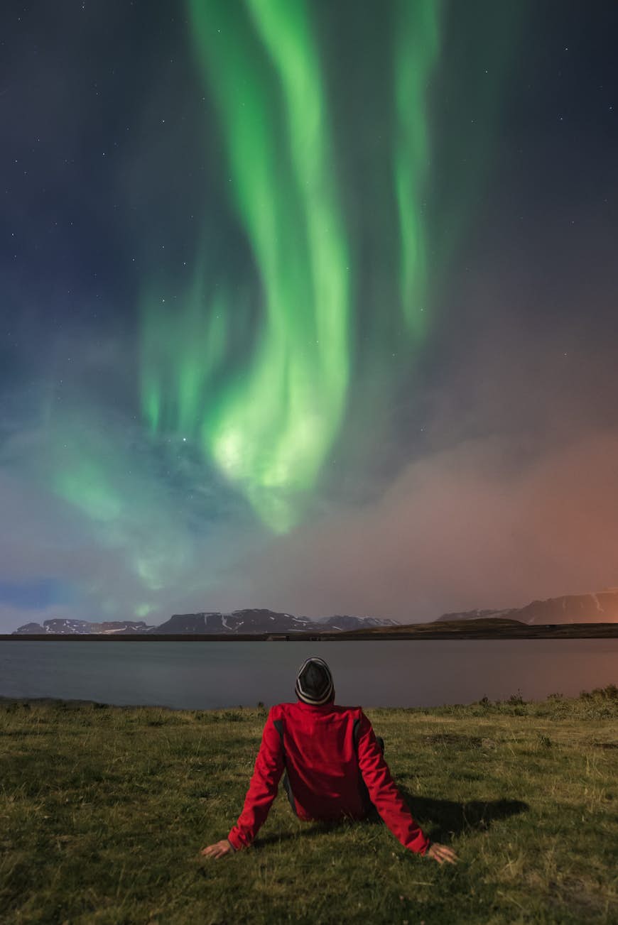 A young man sits on the grass with his back to the camera. Above him, the green Northern Lights streak across the dark night sky.