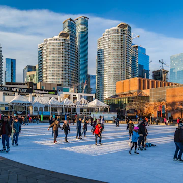 February 6, 2016: Crowd of skaters at Harbourfront Centre public skating rink.