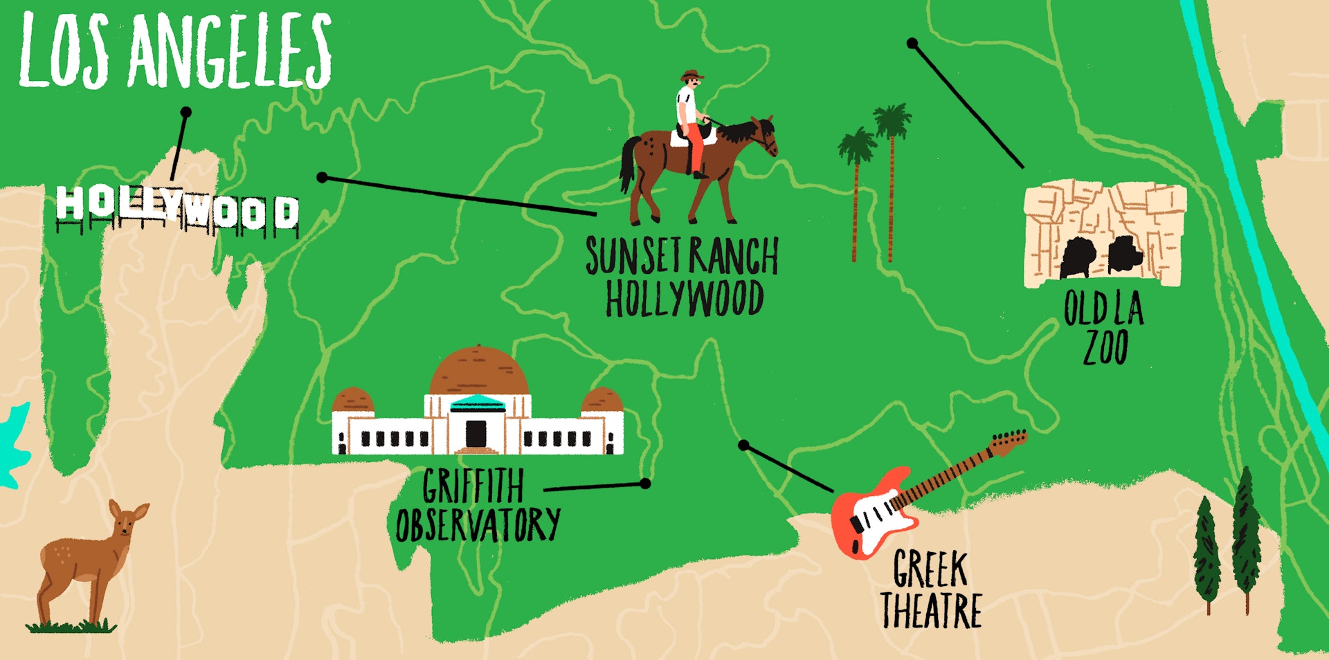 An illustrated map of Griffith Park and around in California