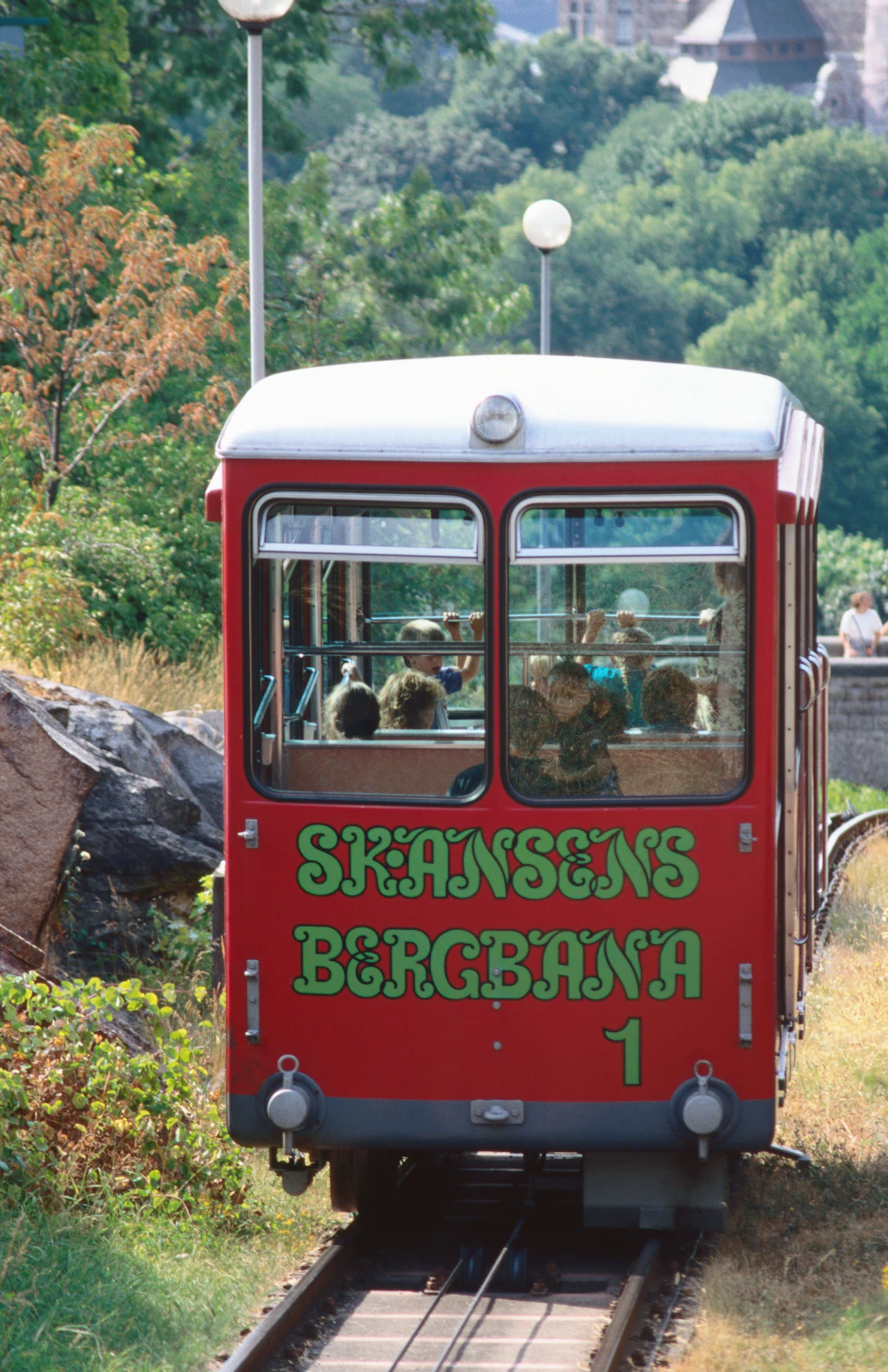 The mountain railway car takes a tour up to the hill-top of the Skansen open-air museum