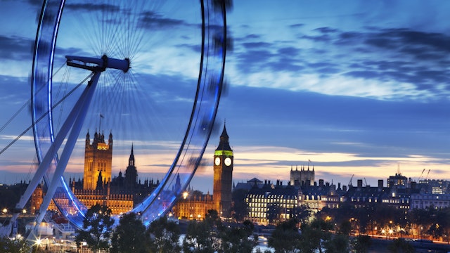 London Eye and Houses of Parliament at dusk.