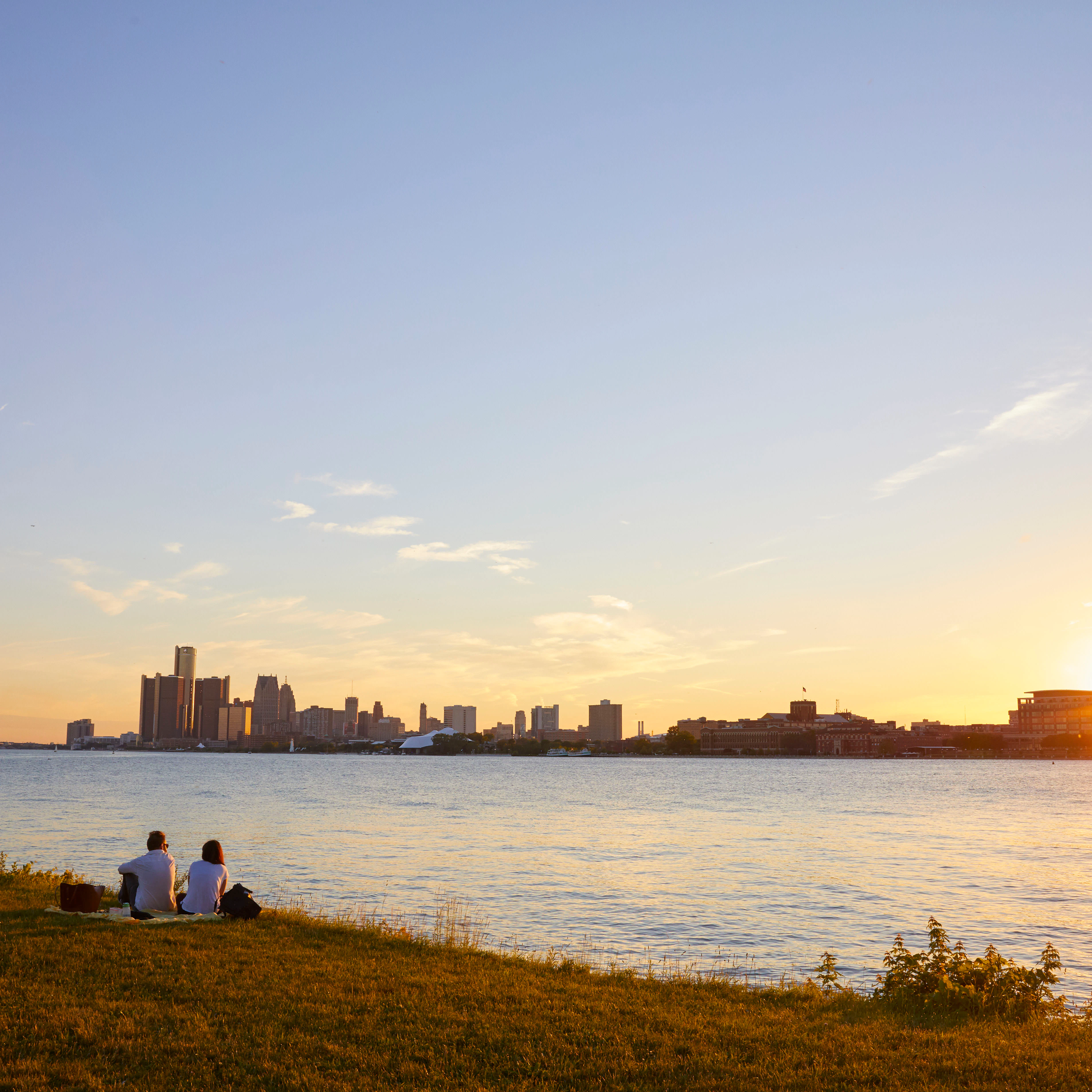 Sunset over Detroit as seen from Belle Isle in the Detroit River.