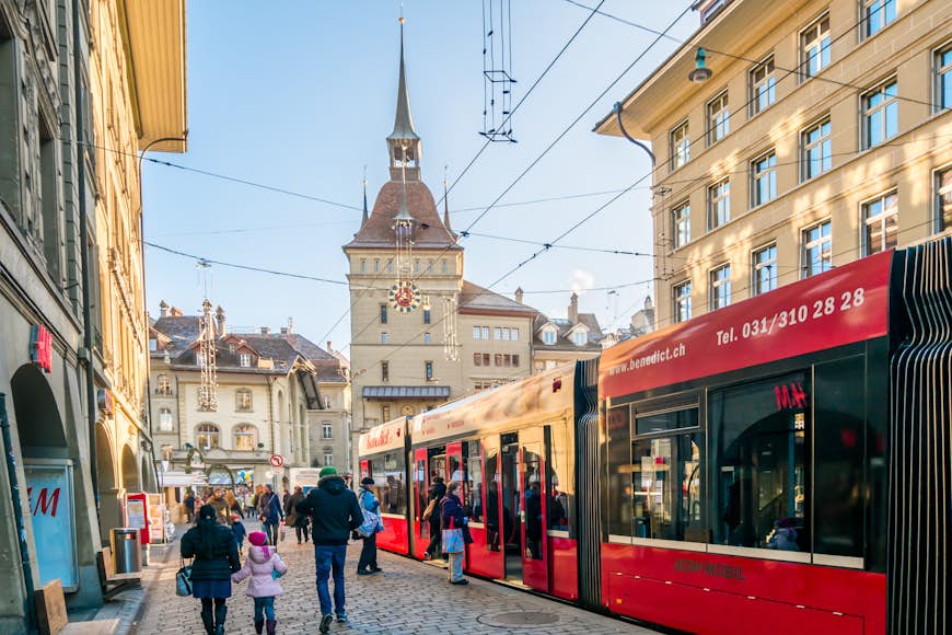A tram in the Historic Old Town, Bern, Switzerland