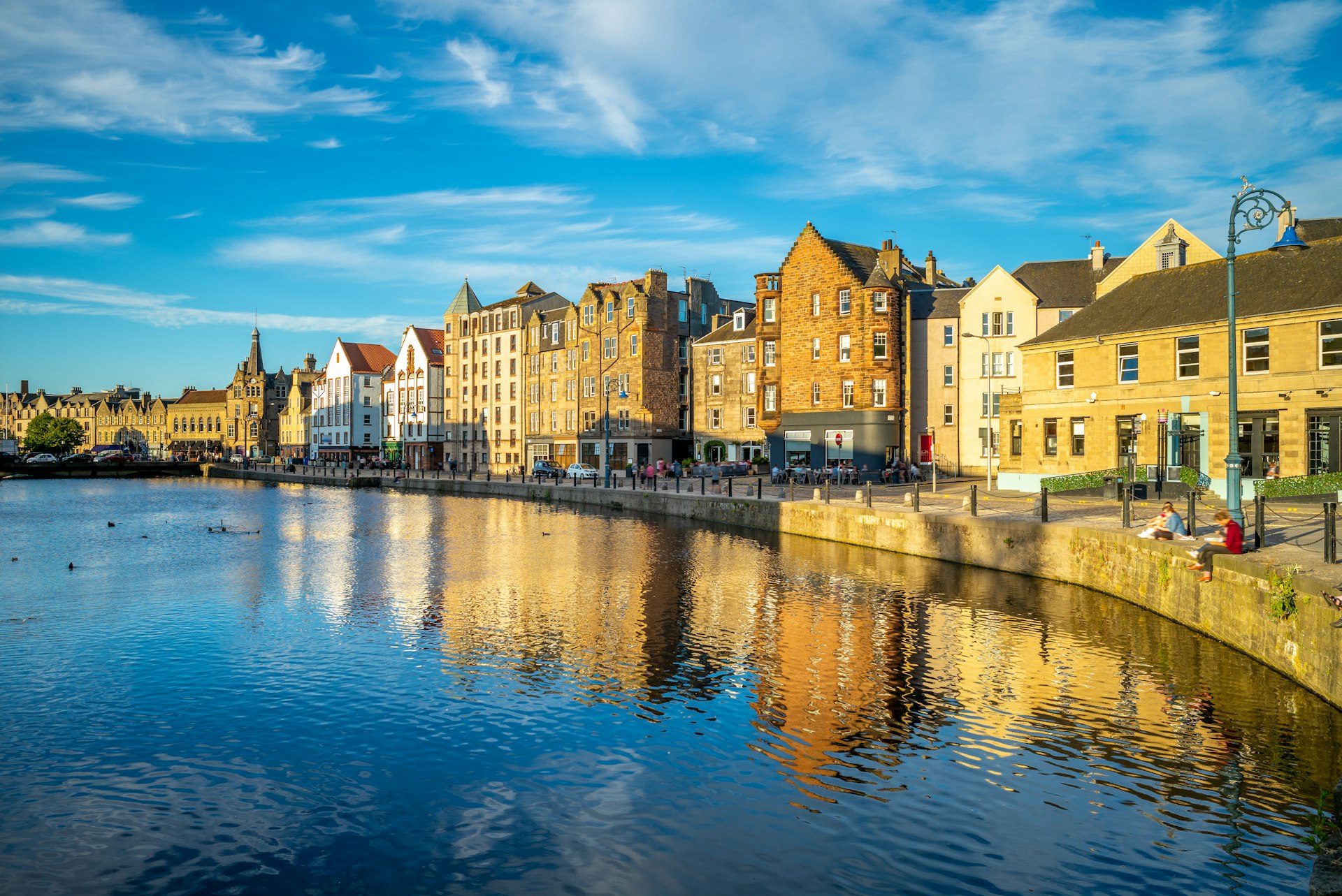 Waterfront buildings in Leith during late afternoon. 