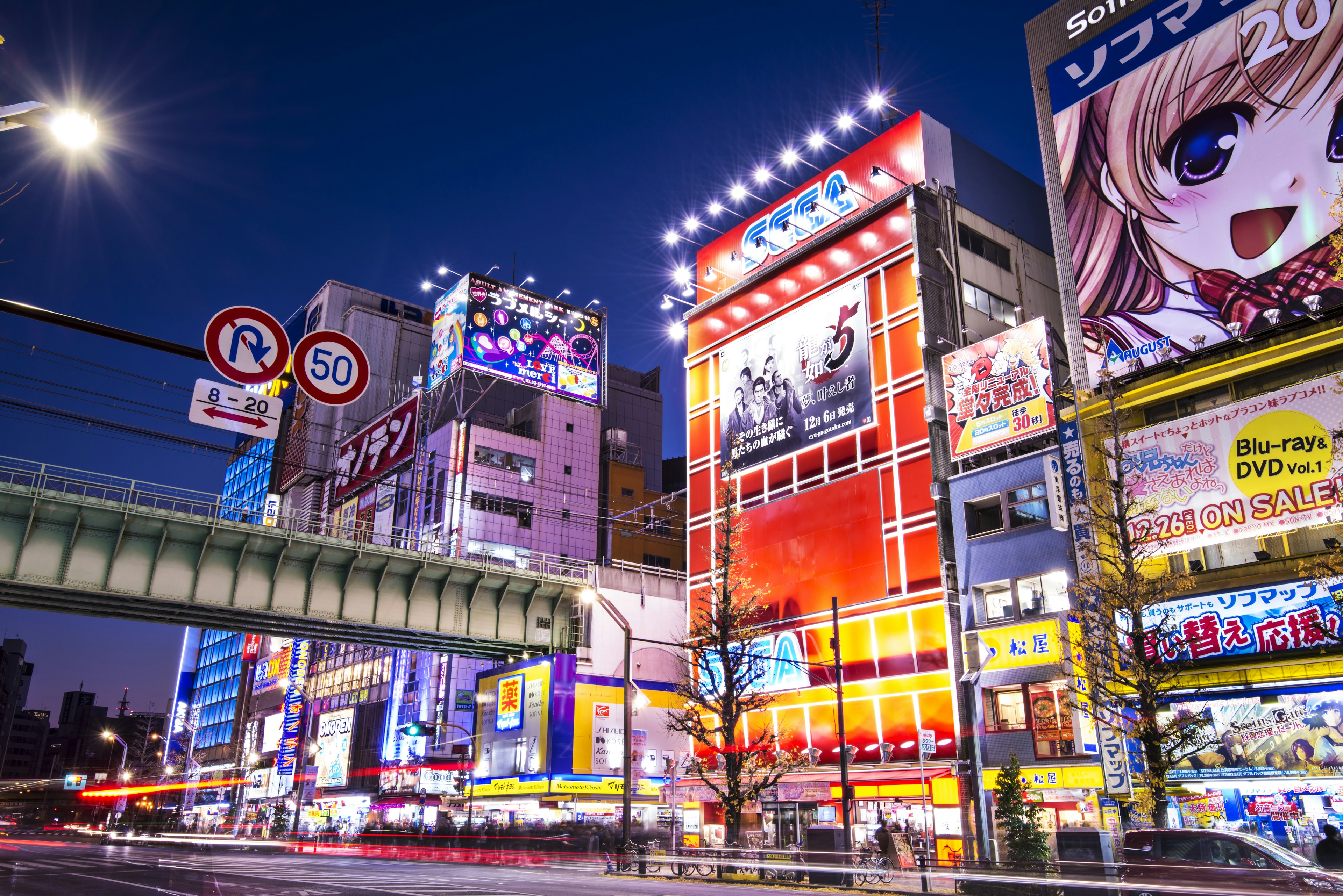 The glowing signs of Akihabara district at night