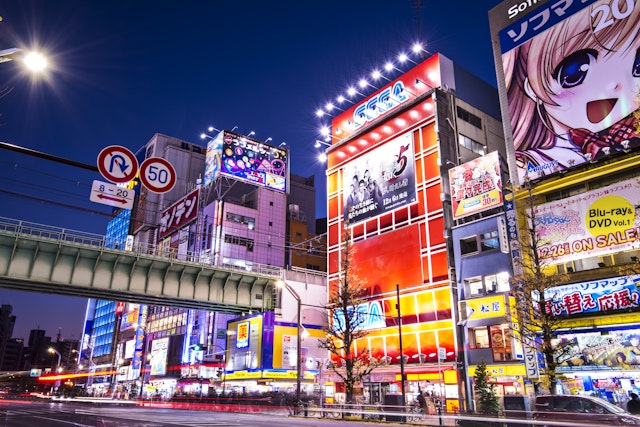 The glowing signs of Akihabara district at night