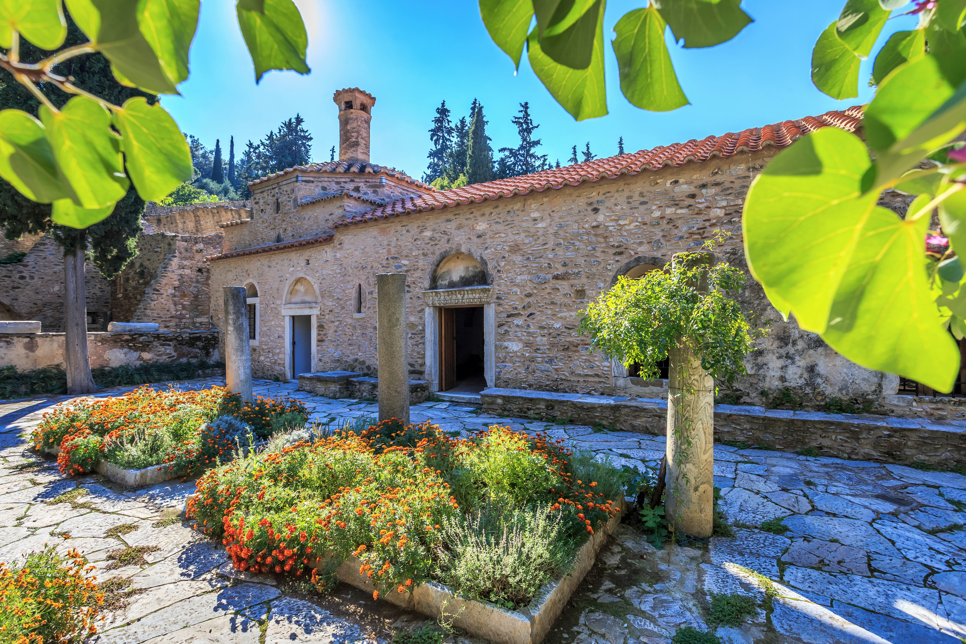 Exterior of an old Byzantine monastery in Kaisariani