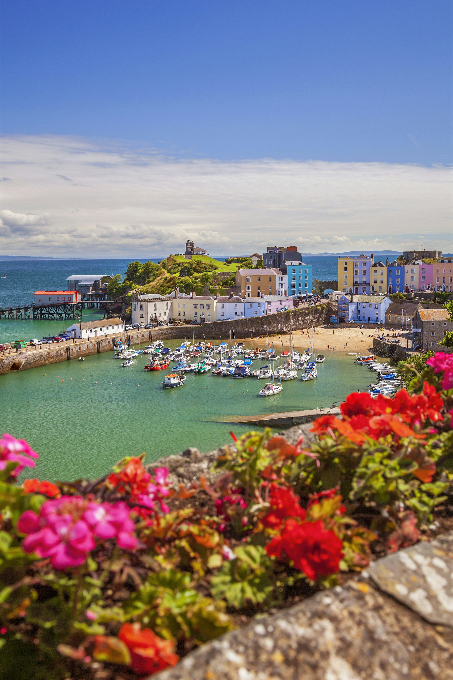 A small fishing harbor lined with pastel-colored cottages