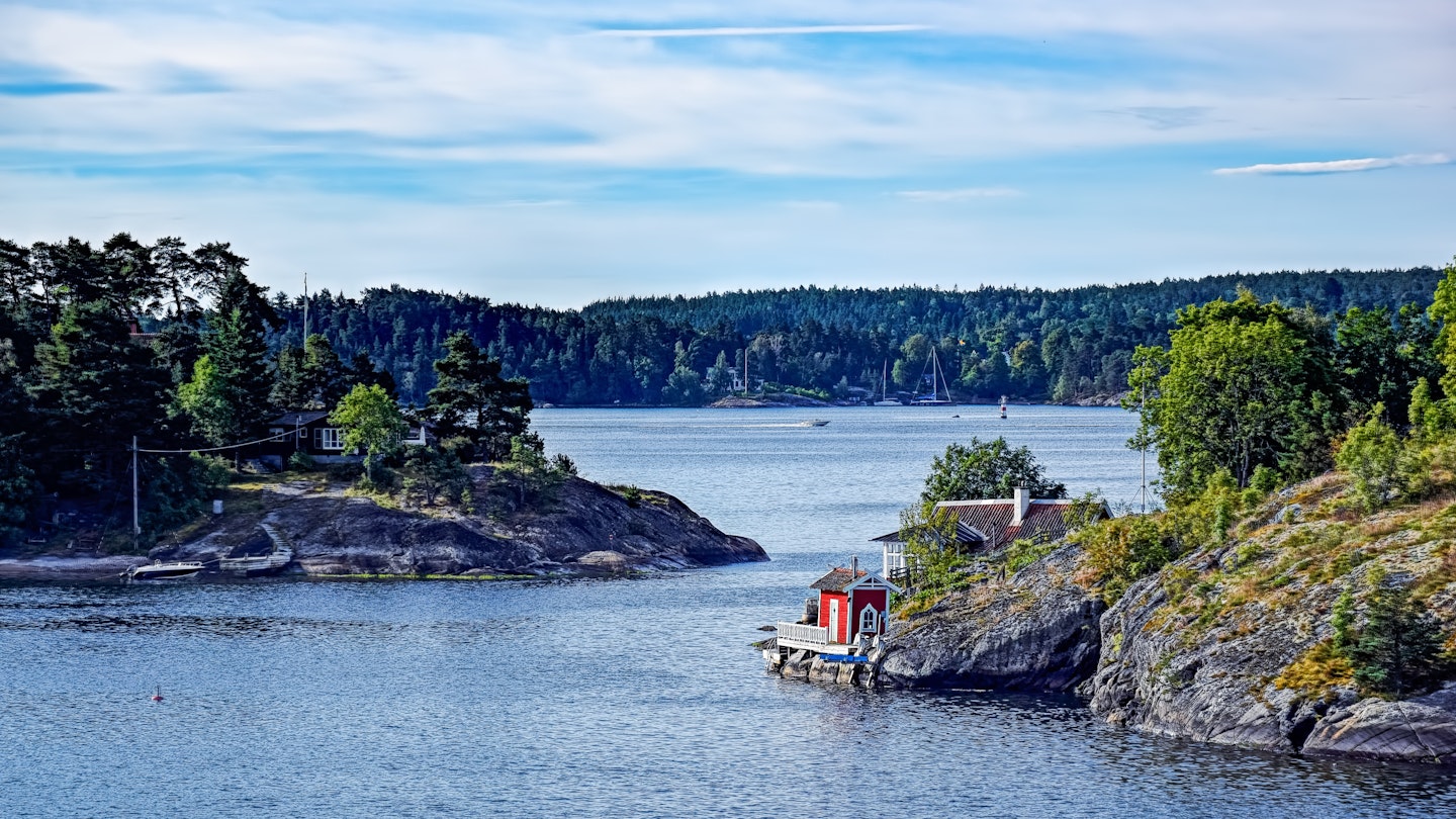 Dwellings islands on Stockholm archipelago in Baltic sea at sunny morning