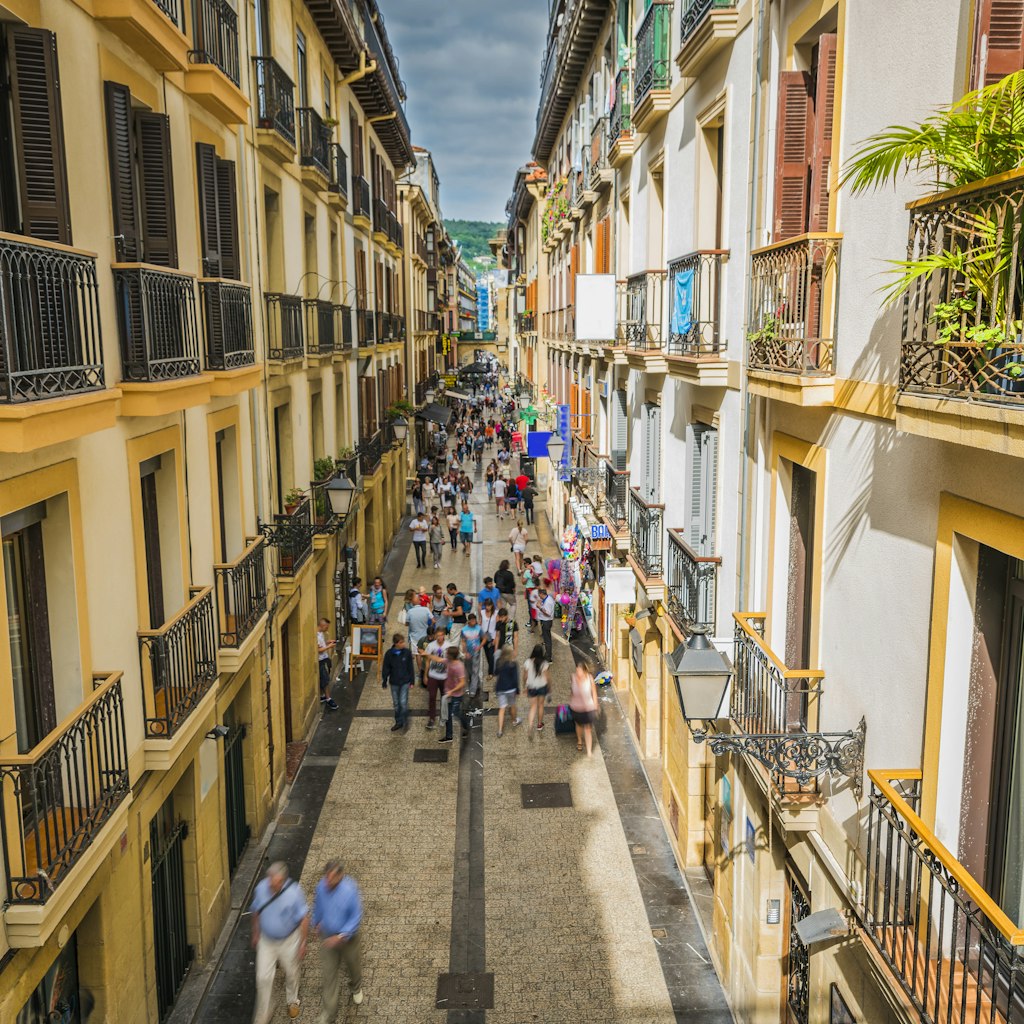 Narrow Street Full of People of San Sebastian Old Town, Spain
