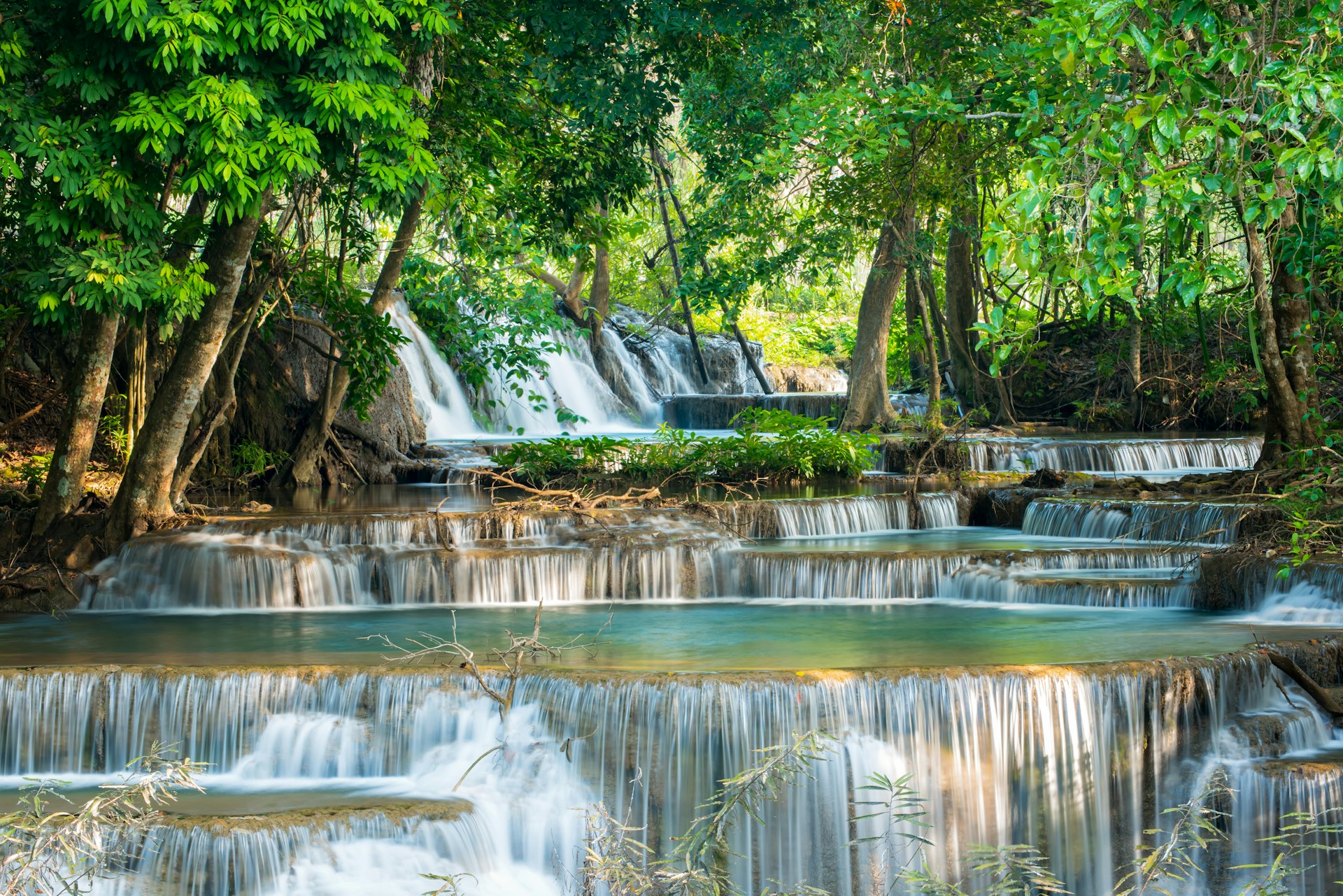 The cascades of Erawan's waterfall, located in Erawan National Park, Kanchanaburi Province,