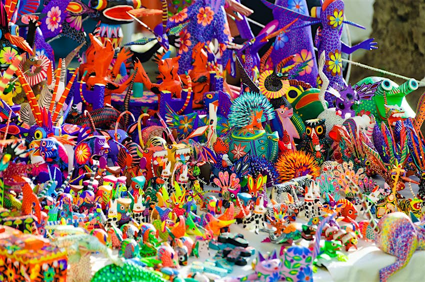 Traditional handicrafts known as alebrijes (brightly colored Mexican folk art sculptures) from Oaxaca