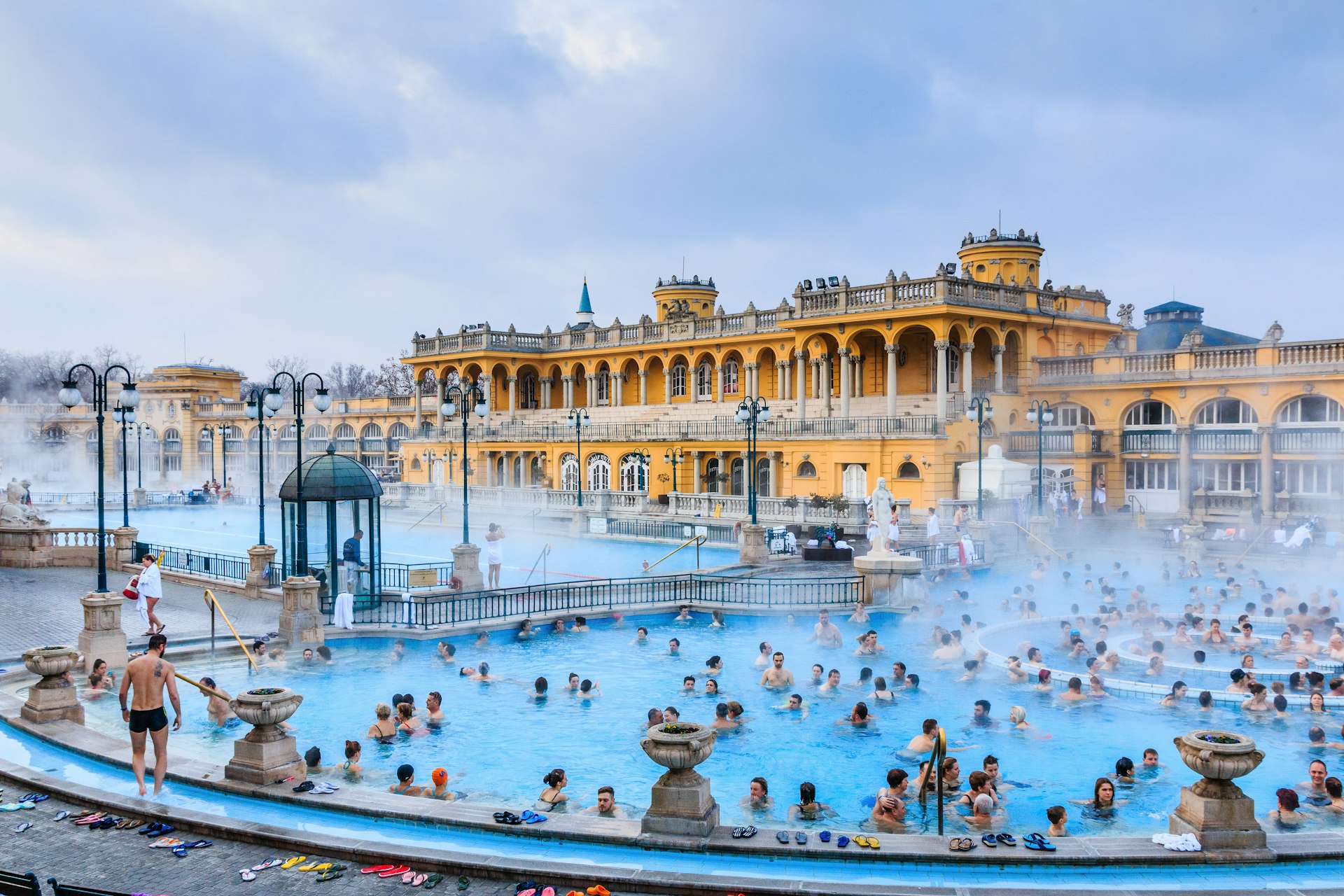 Bathers crowd Szechenyi Baths in Budapest on January 1st