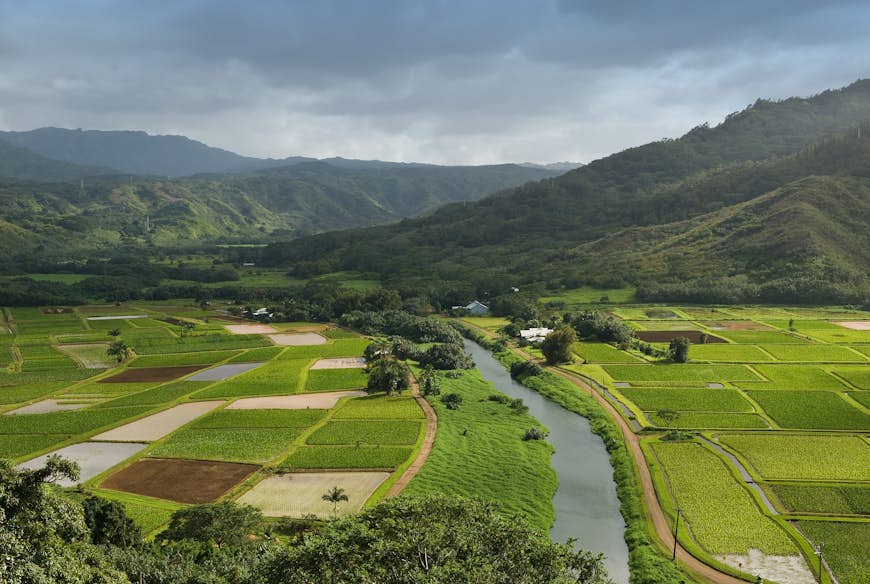 The Hanalei River flows through the taro fields near the historic Haraguchi Rice Mill on Kauai, Hawaii