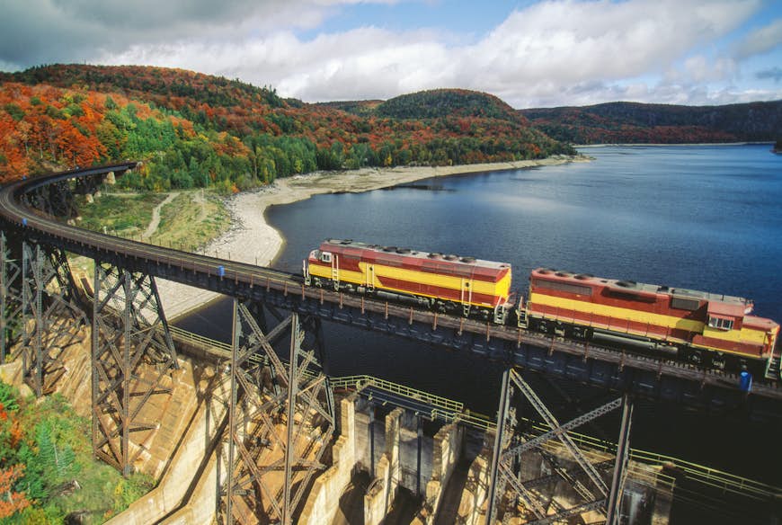 Aerial image of train and rail line Agawa Canyon, Ontario, Canada