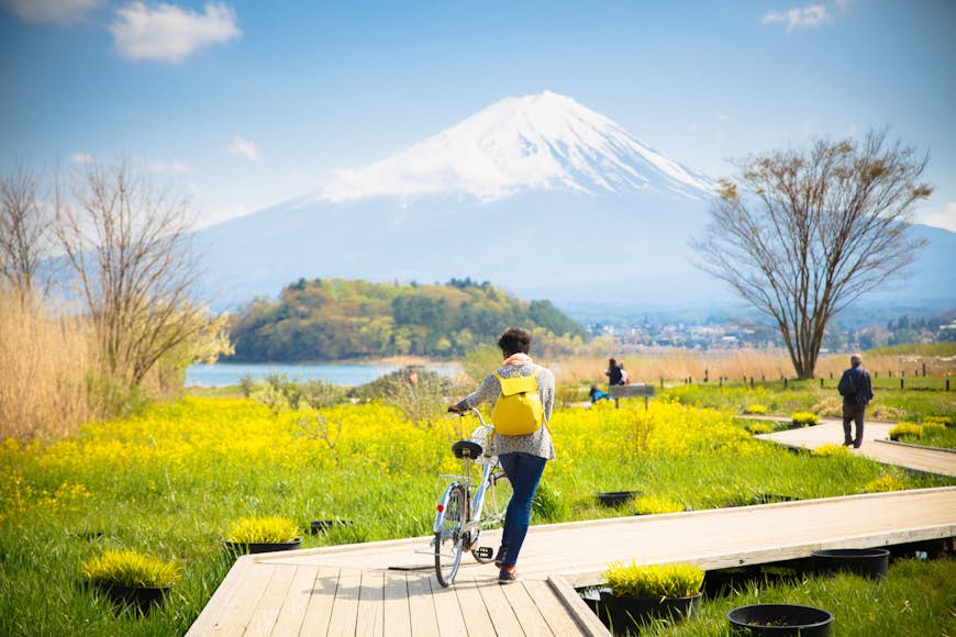 Cyclists and walkers in front of Mt Fuji at Kawaguchiko Lake