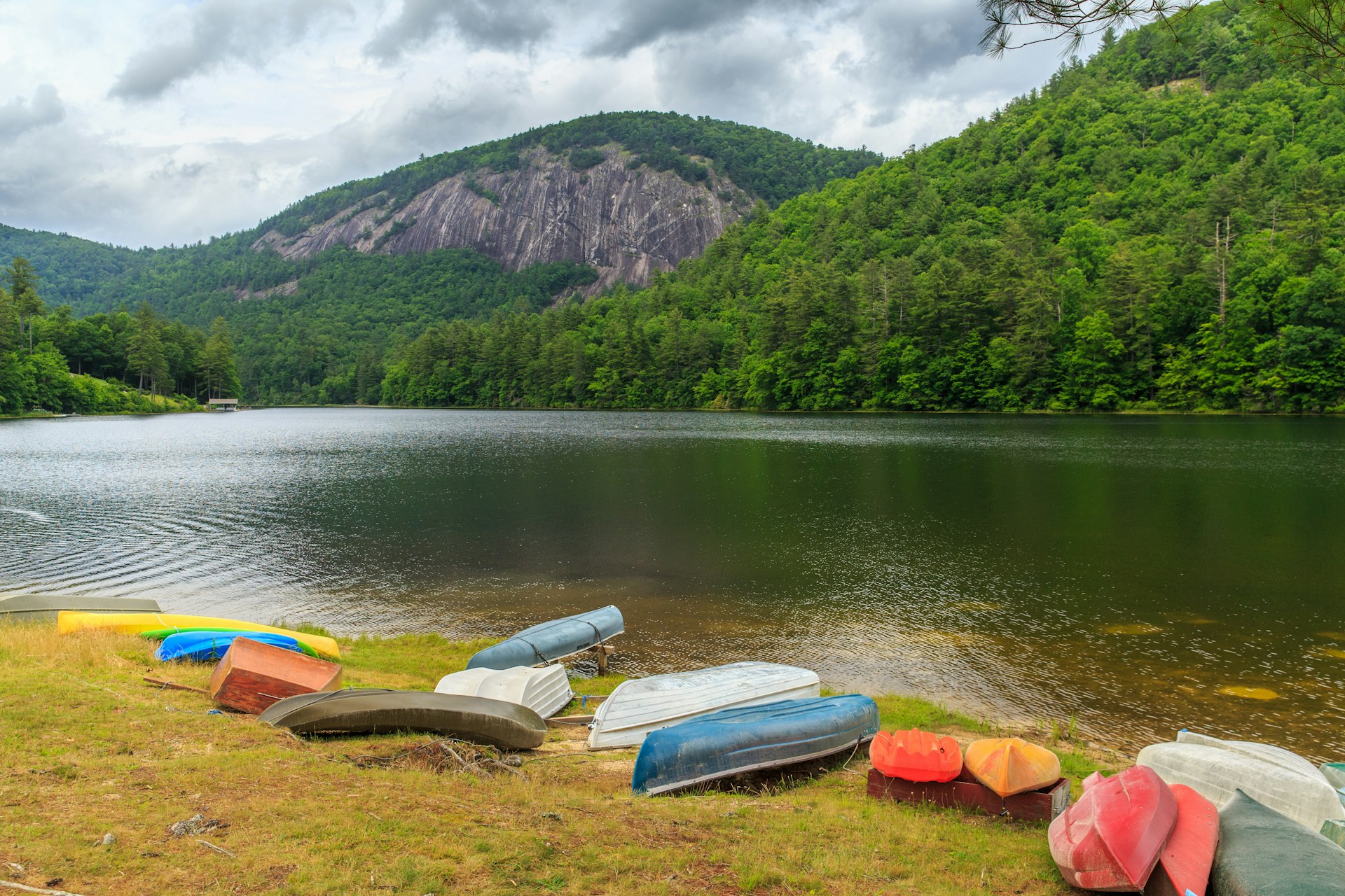 Boats, canoes and kayaks at Pines Recreation Area at Glenville Lake in the southwestern corner of North Carolina