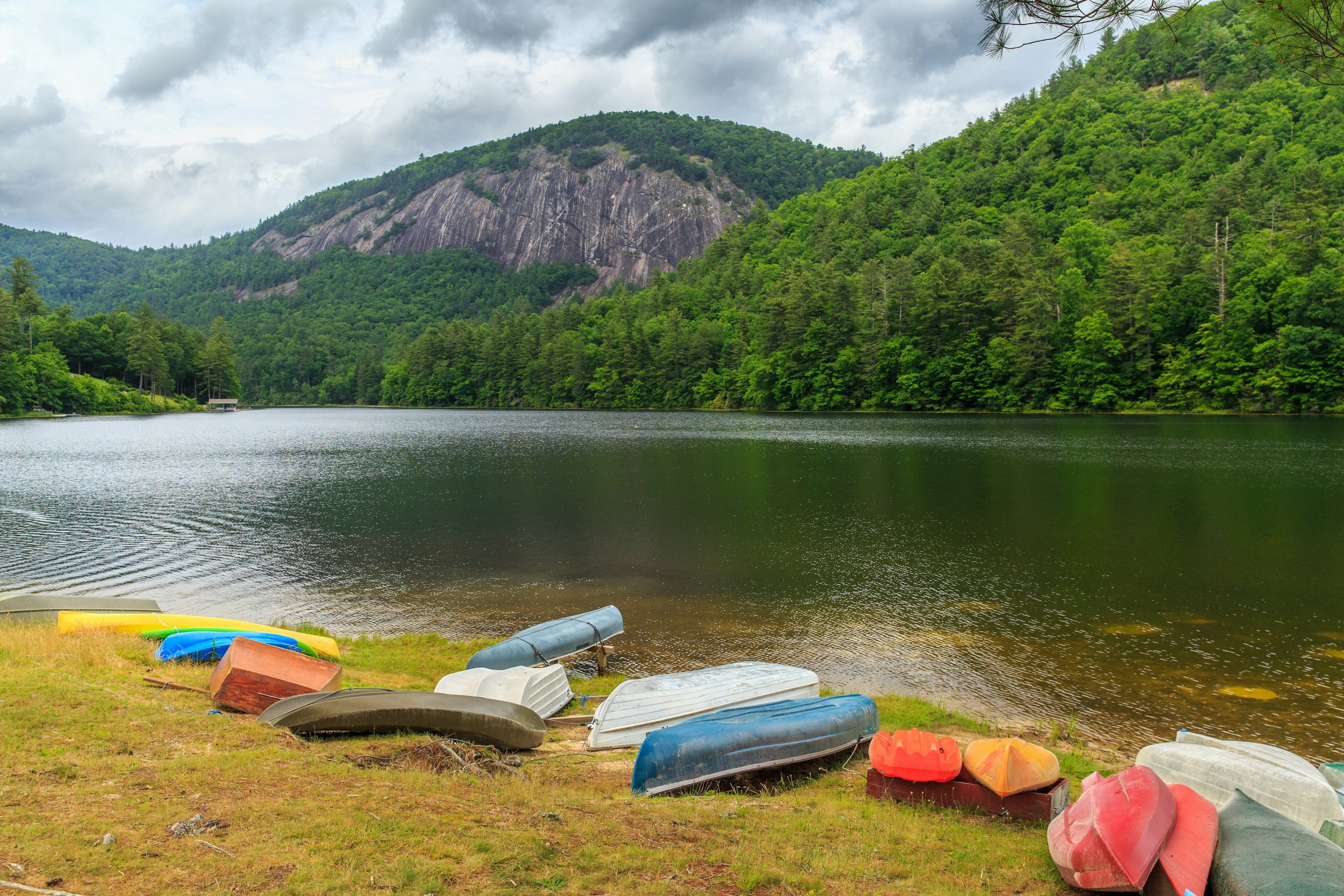 Boats, canoes and kayaks at Pines Recreation Area at Glenville Lake in the southwestern corner of North Carolina