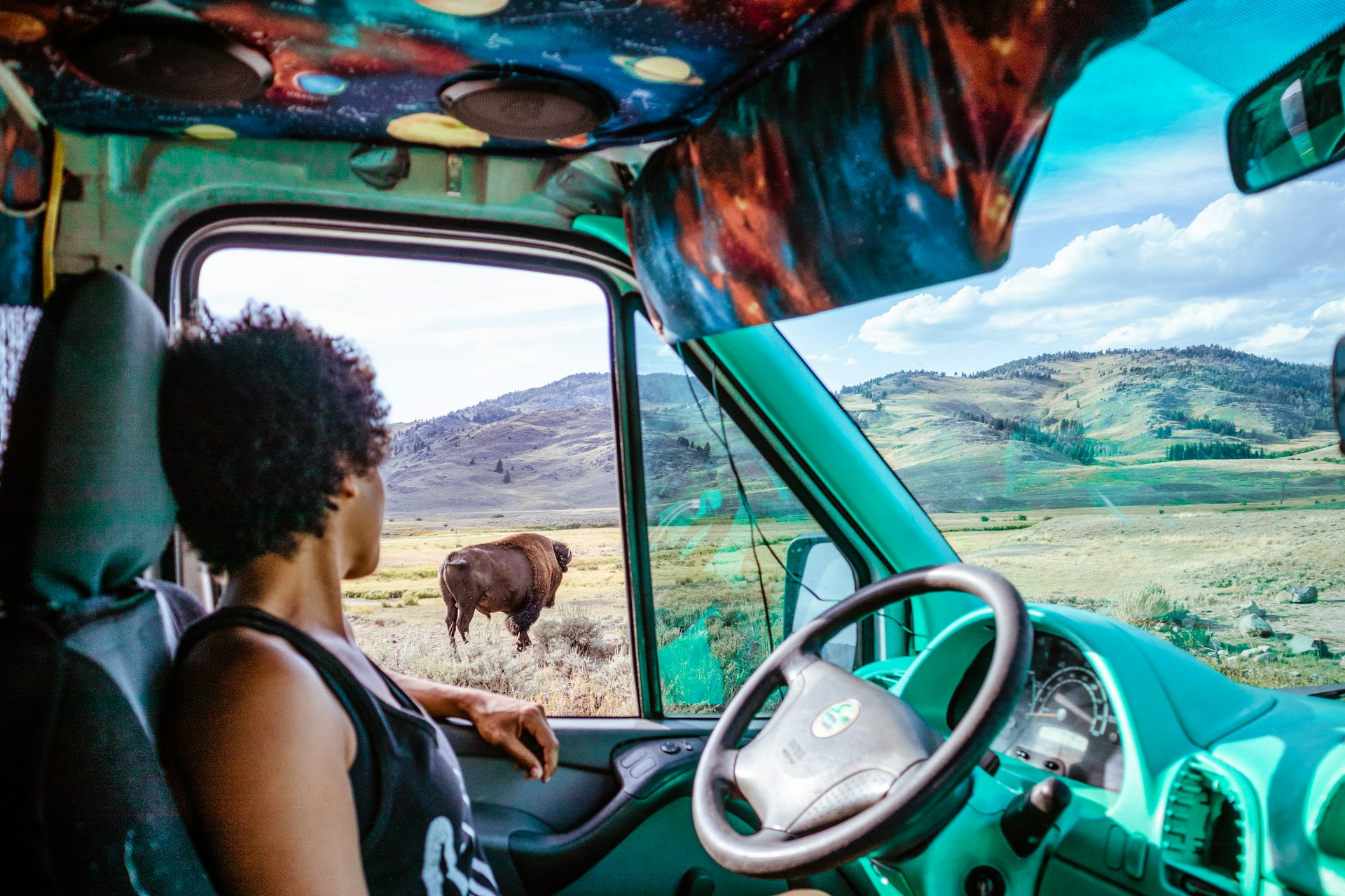 Woman looking out van window at bison in Yellowstone