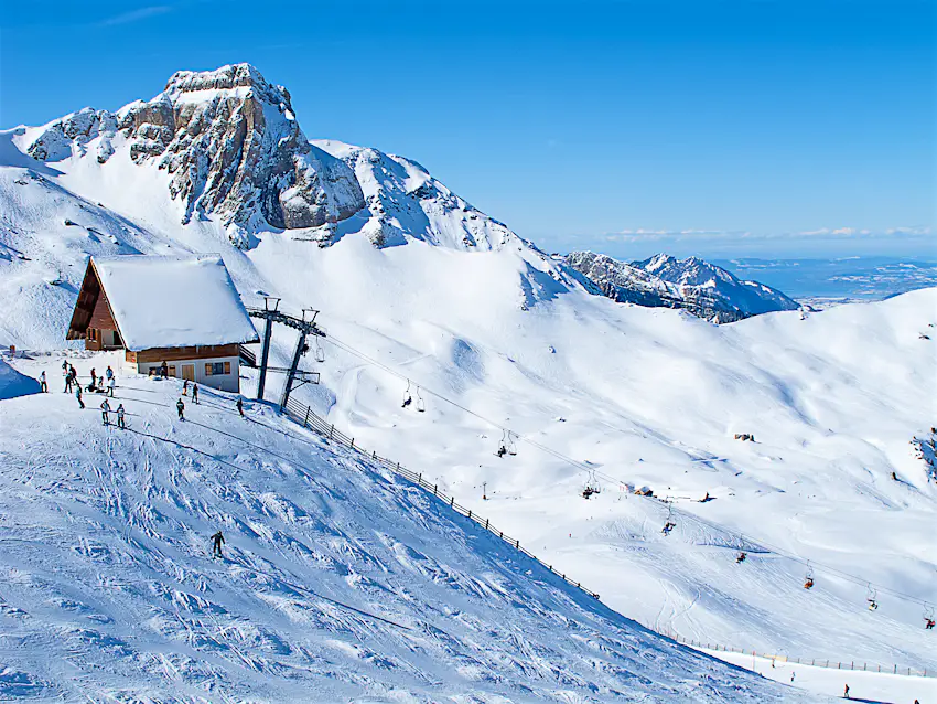 Flumserberg, St.Gallen, Switzerland Skiers on the slopes of Flumserberg, St.Gallen, Switzerland