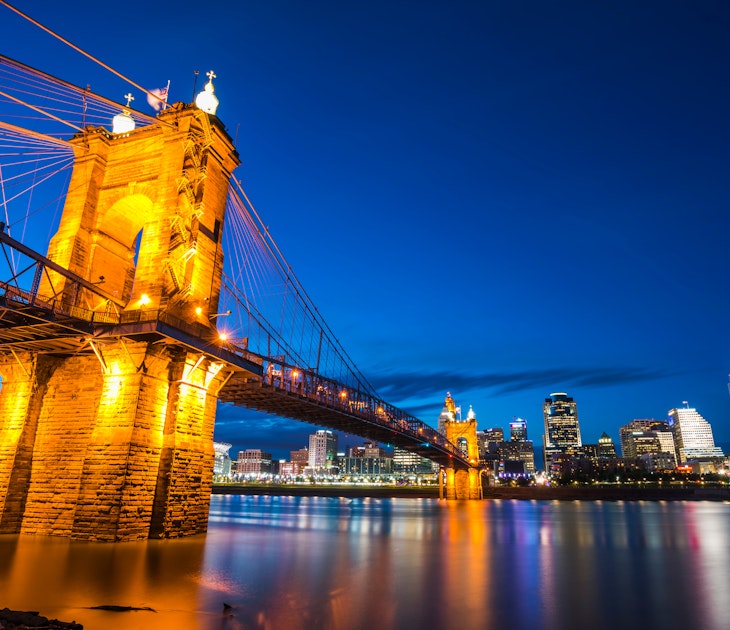 John A. Roebling Suspension Bridge at night with the Cincinnati skyline in the background