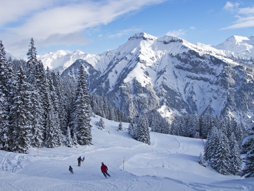 Skiers on the slopes of Elm, Switzerland