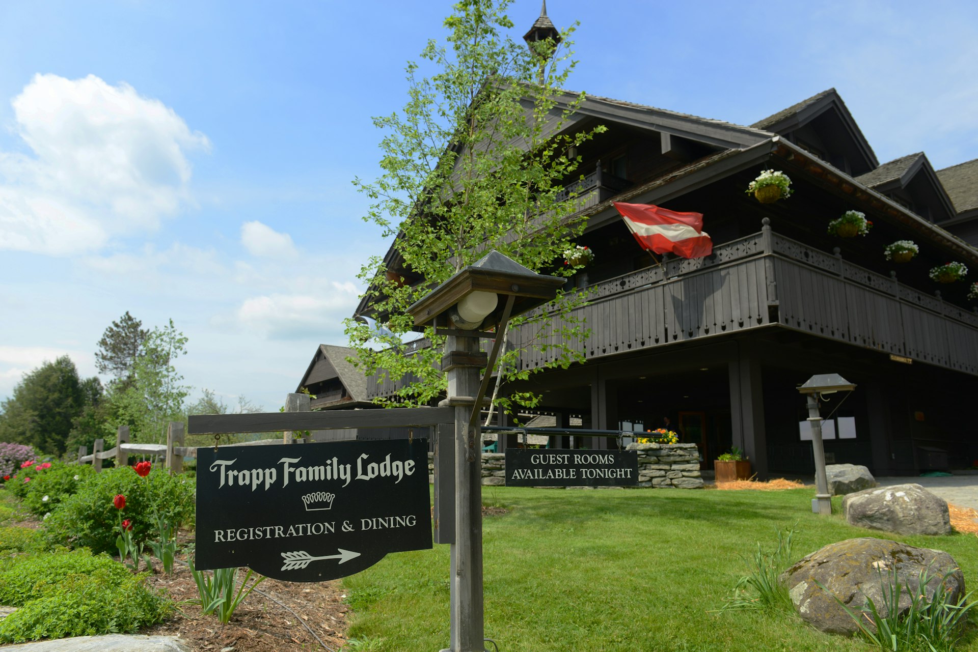 The main entrance to the Trapp Family Lodge, Stowe, Vermont, USA
