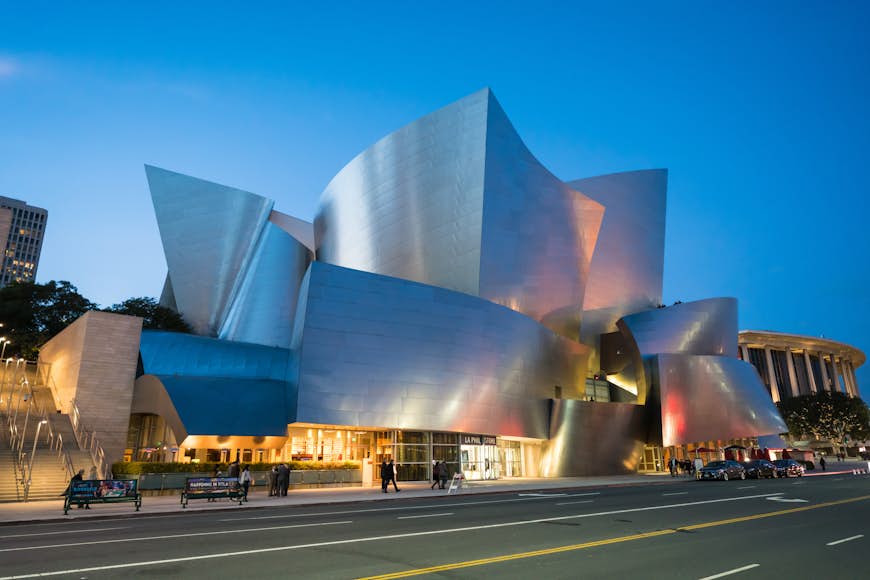 Designed by Frank Gehry the silver exterior of the Walt Disney Concert Hall