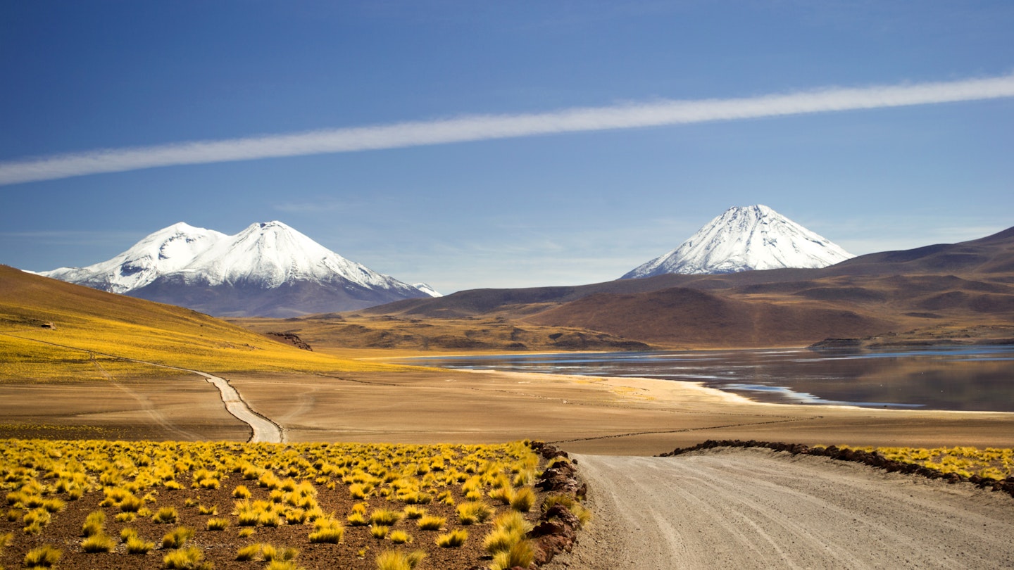 Road on the way to Lake Miscanti, Atacama dessert, Chile