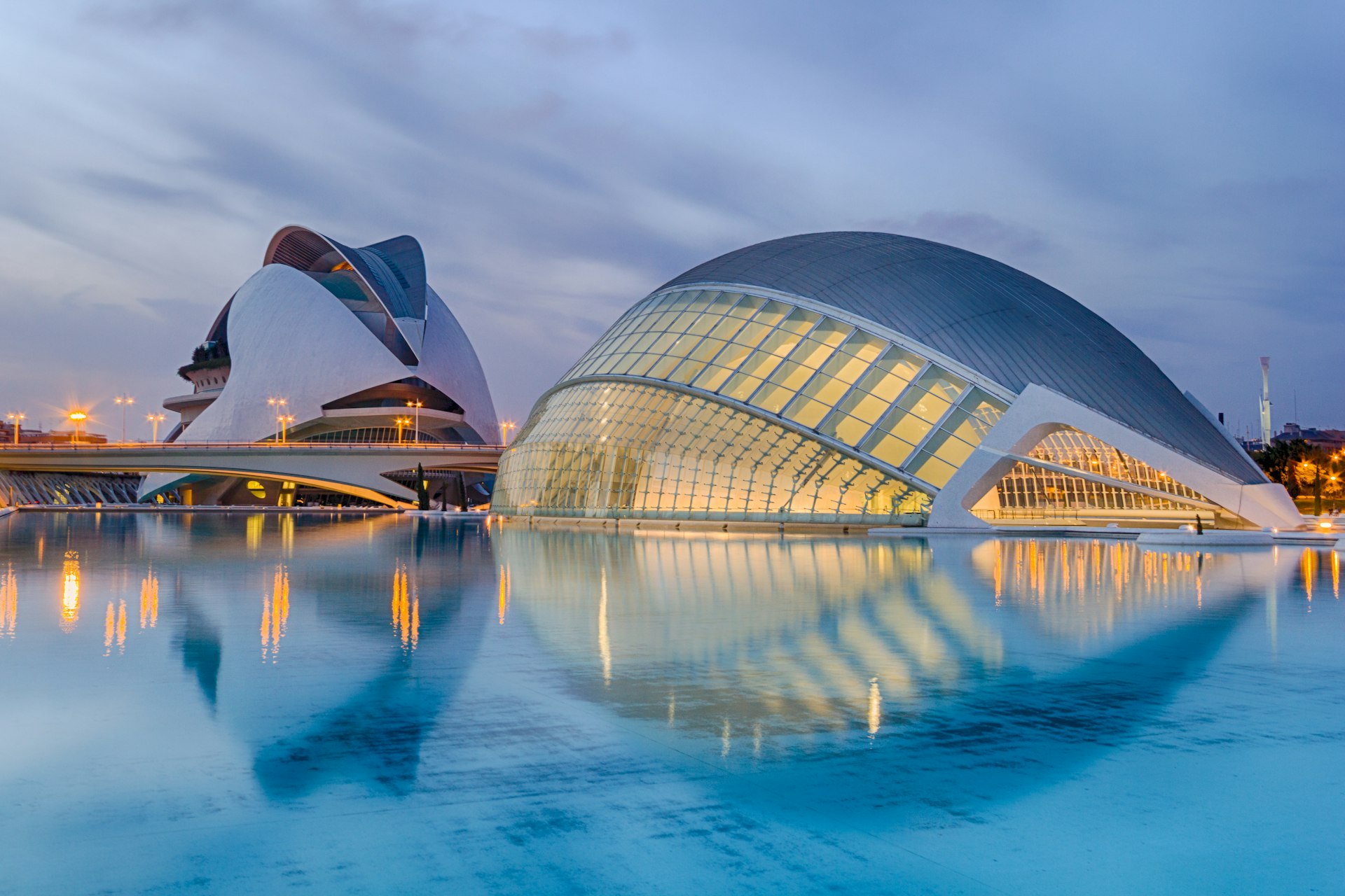 Valencia's futuristic Calatrava-designed City of Arts and Sciences on a cloudy evening
