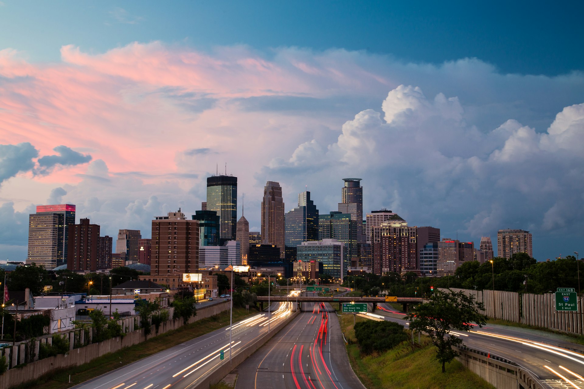 The iconic skyline shot from the 24th Avenue pedestrian bridge over I-35W just after a storm passed through