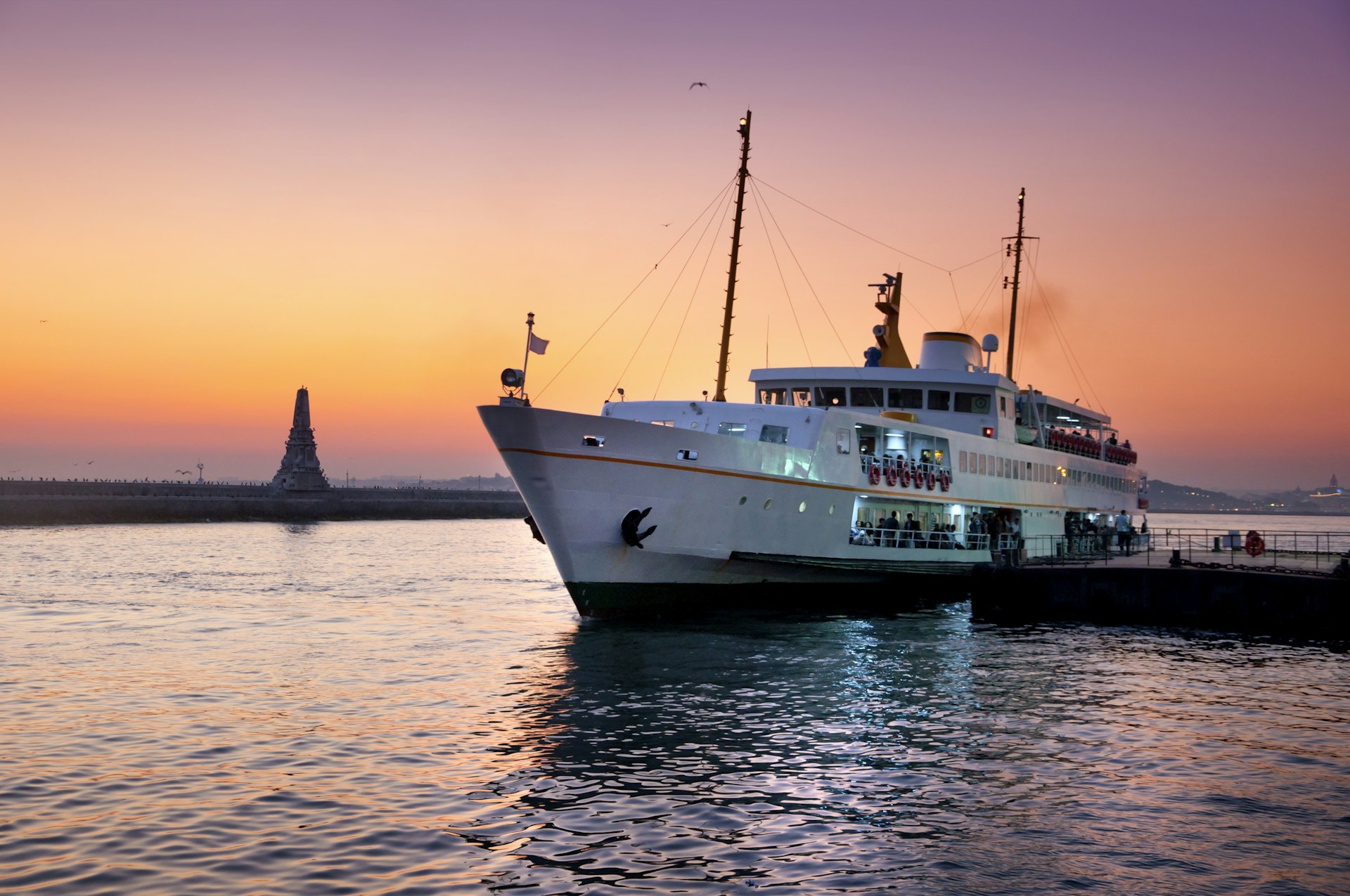Ferry on the water at sunset in the Bosphorus in Turkey