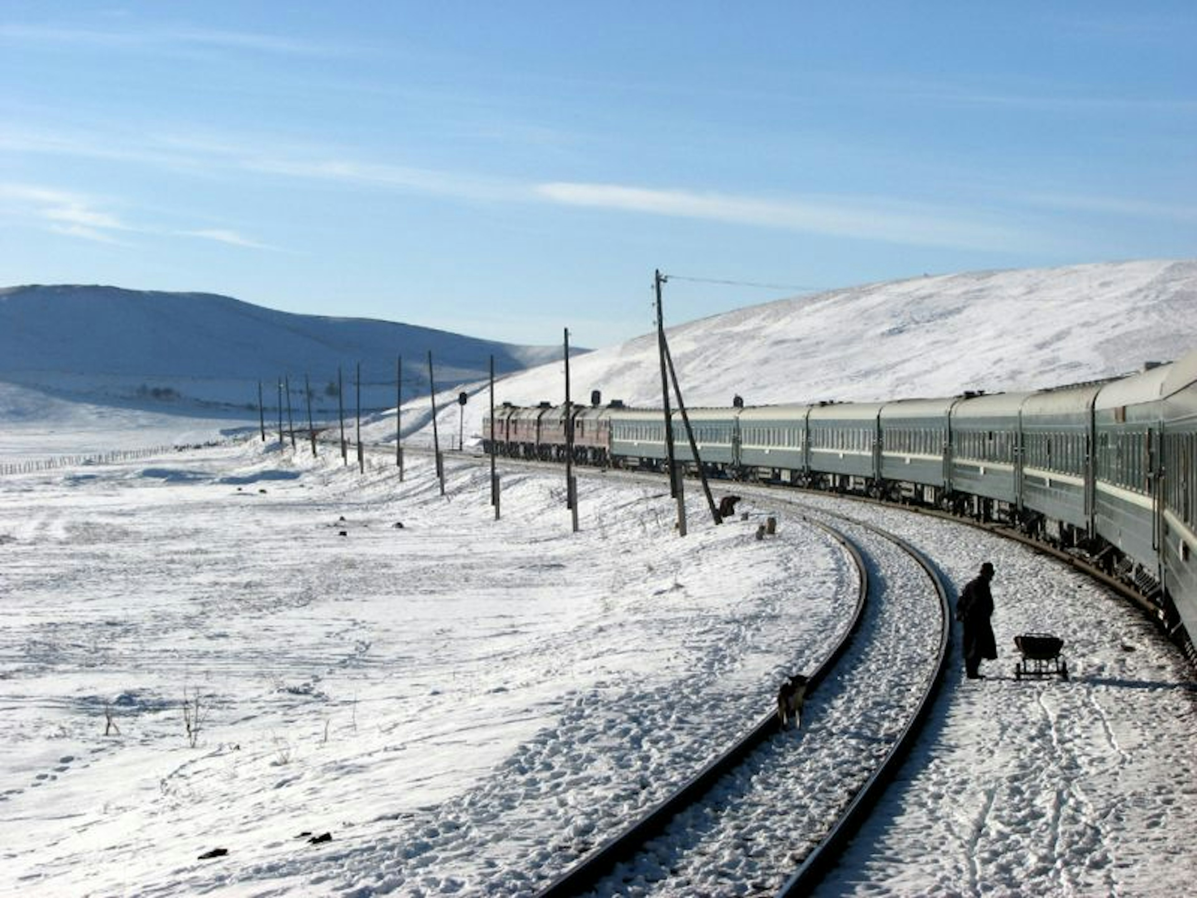 A train on the Trans-Mongolian line on a snowy day