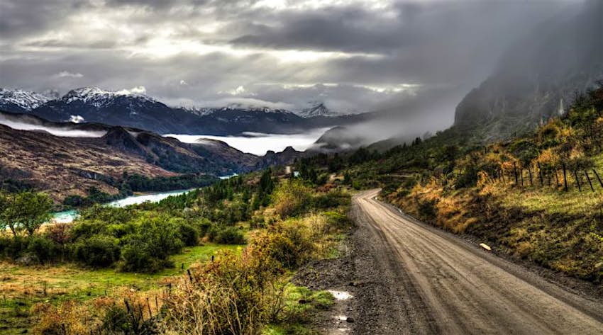 dramatic landscapes along a dirt road in Patagonia, Chile