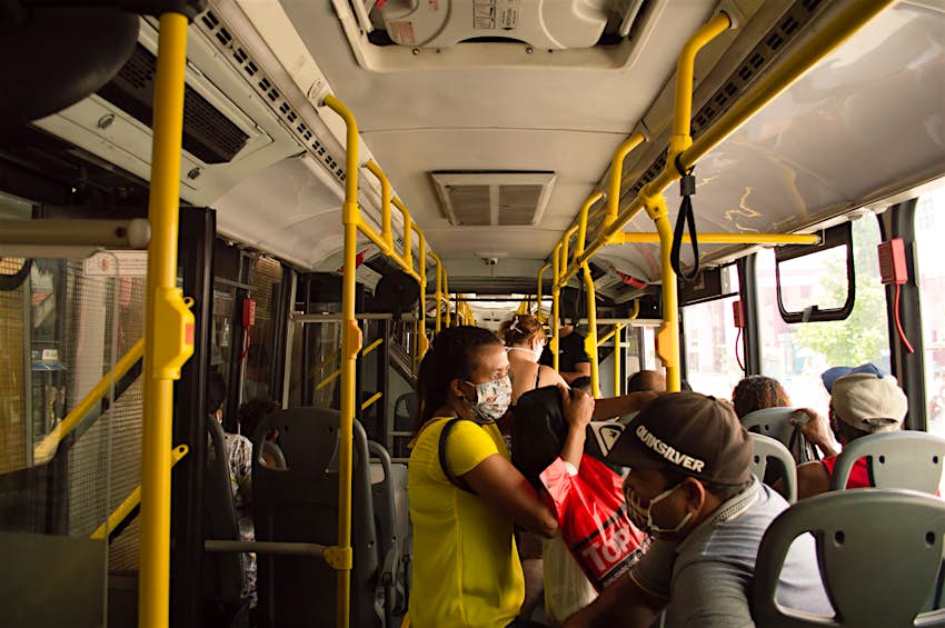 Passengers in a crowded bus in Brazil