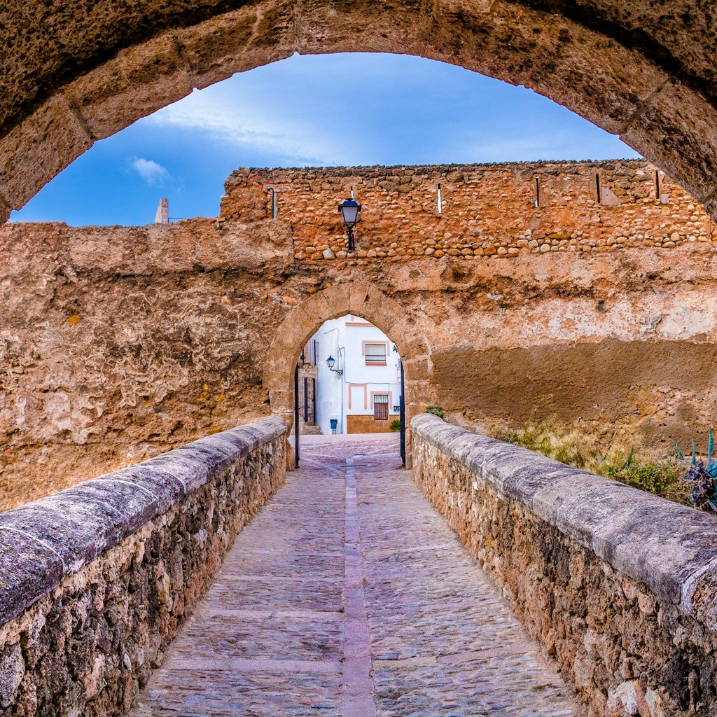 Entrance bridge to the main square of the castle. Castle Buñol, located 35km west of Valencia, Spain. 
