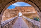 Entrance bridge to the main square of the castle. Castle Buñol, located 35km west of Valencia, Spain. 