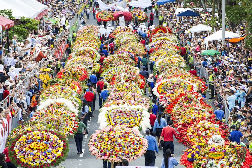 Medellin, Antioquia, Colombia. August 11, 2013: Crowd of people in silleteros parade, flower fair.