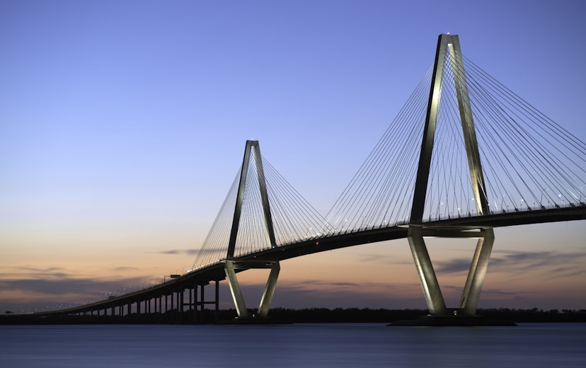 Sunset over the Copper River Bridge in Charleston, South Carolina.