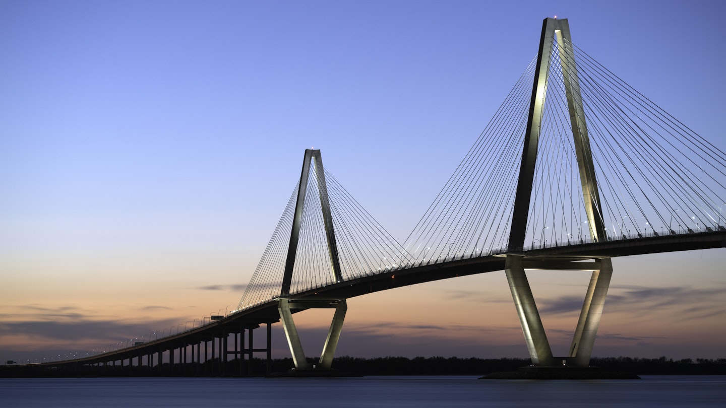 Sunset over the Copper River Bridge in Charleston, South Carolina.