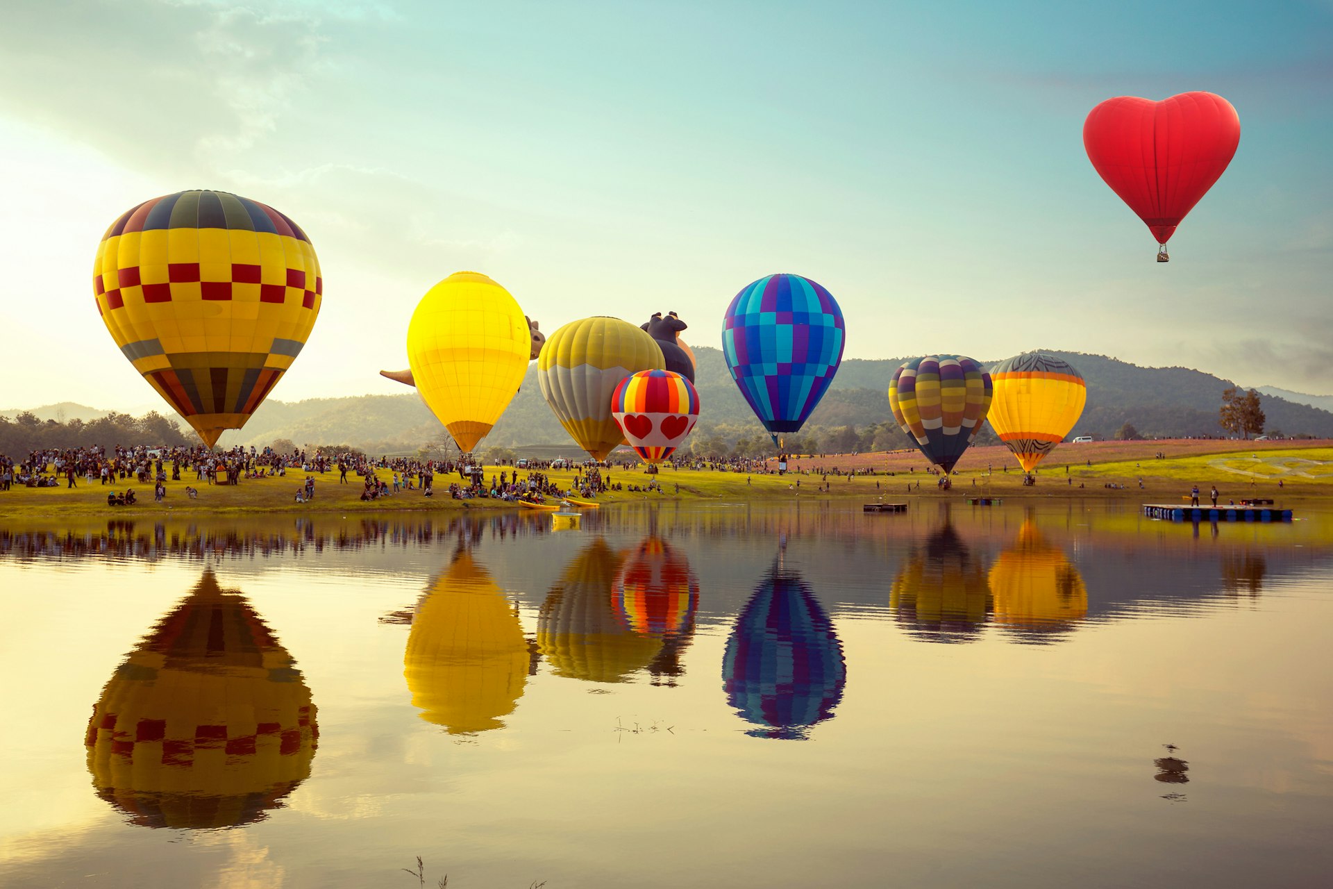 Balloon festival, landscape view and sunset.