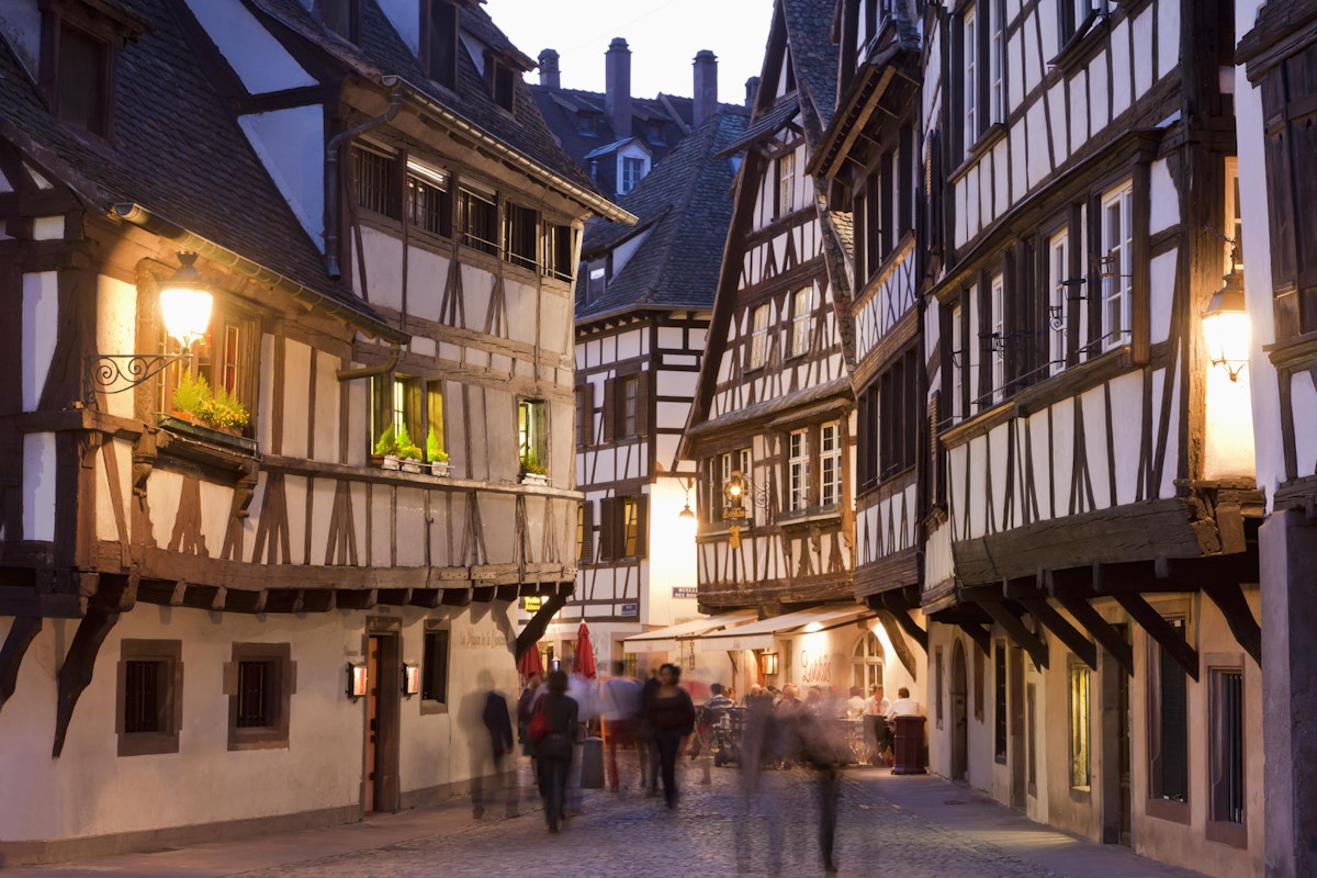 France, Alsace, Strasbourg, Petite-France, View of restaurants, taverns and framed houses