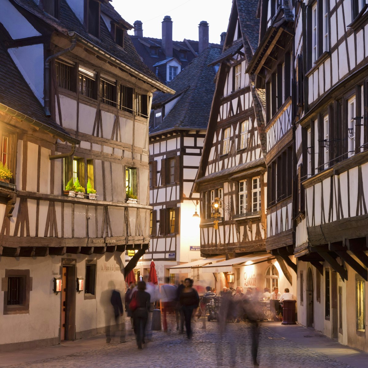 France, Alsace, Strasbourg, Petite-France, View of restaurants, taverns and framed houses