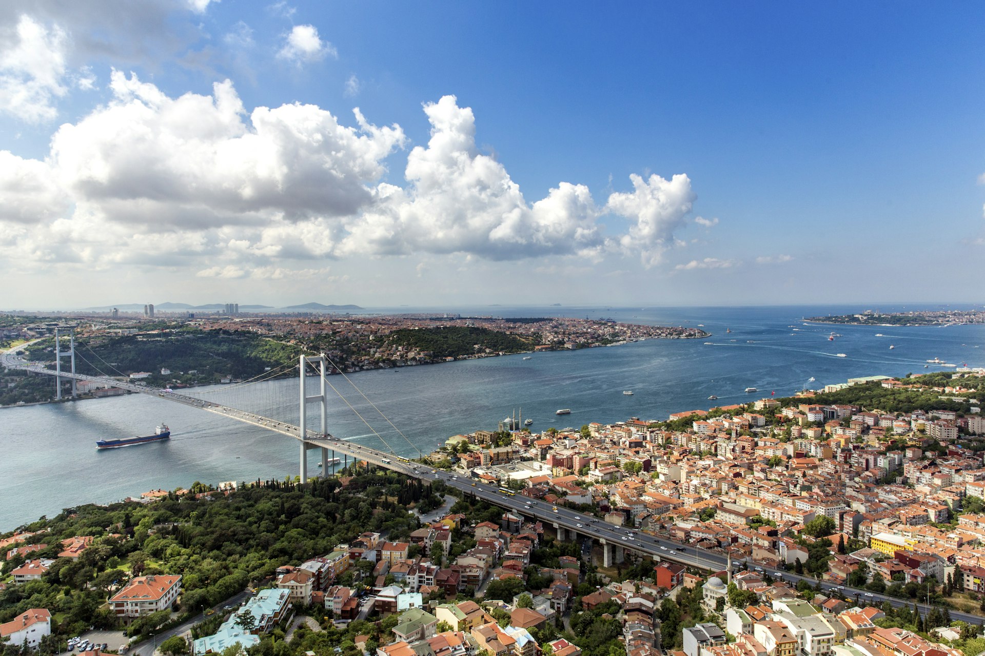 Aerial view of Bosphorus Bridge and Golden Horn in Istanbul